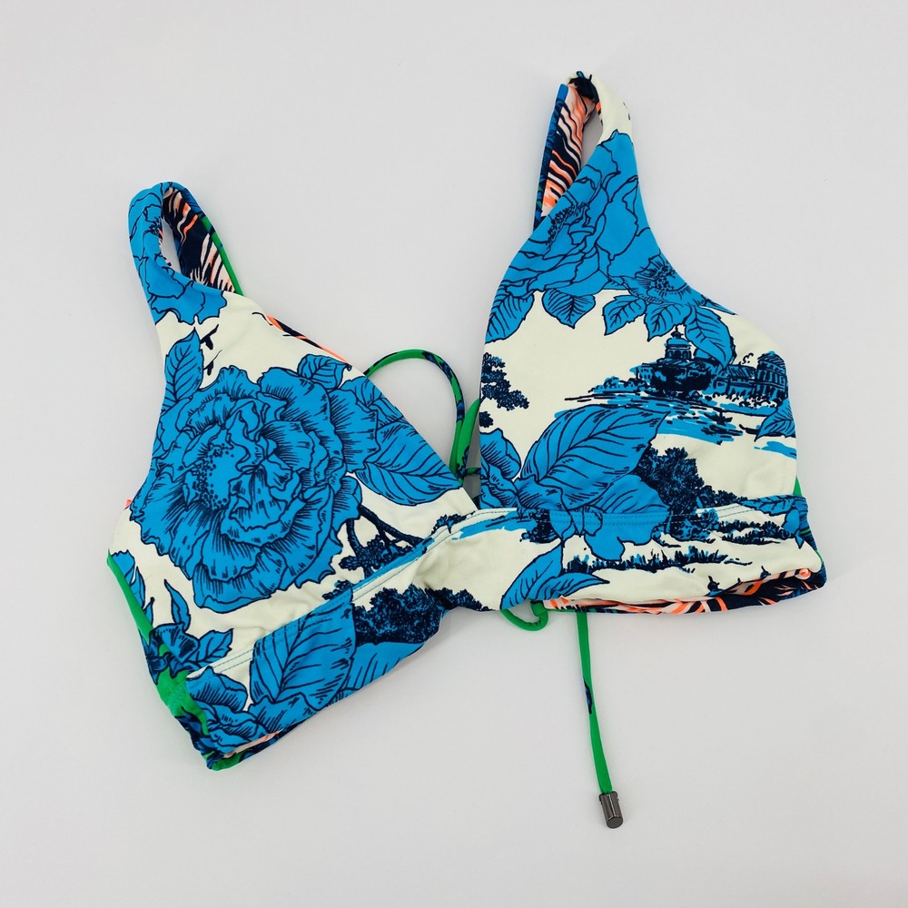 Maajiβ Reversible Bikini Top Womens Medium Blue Floral Tropical Lace Up